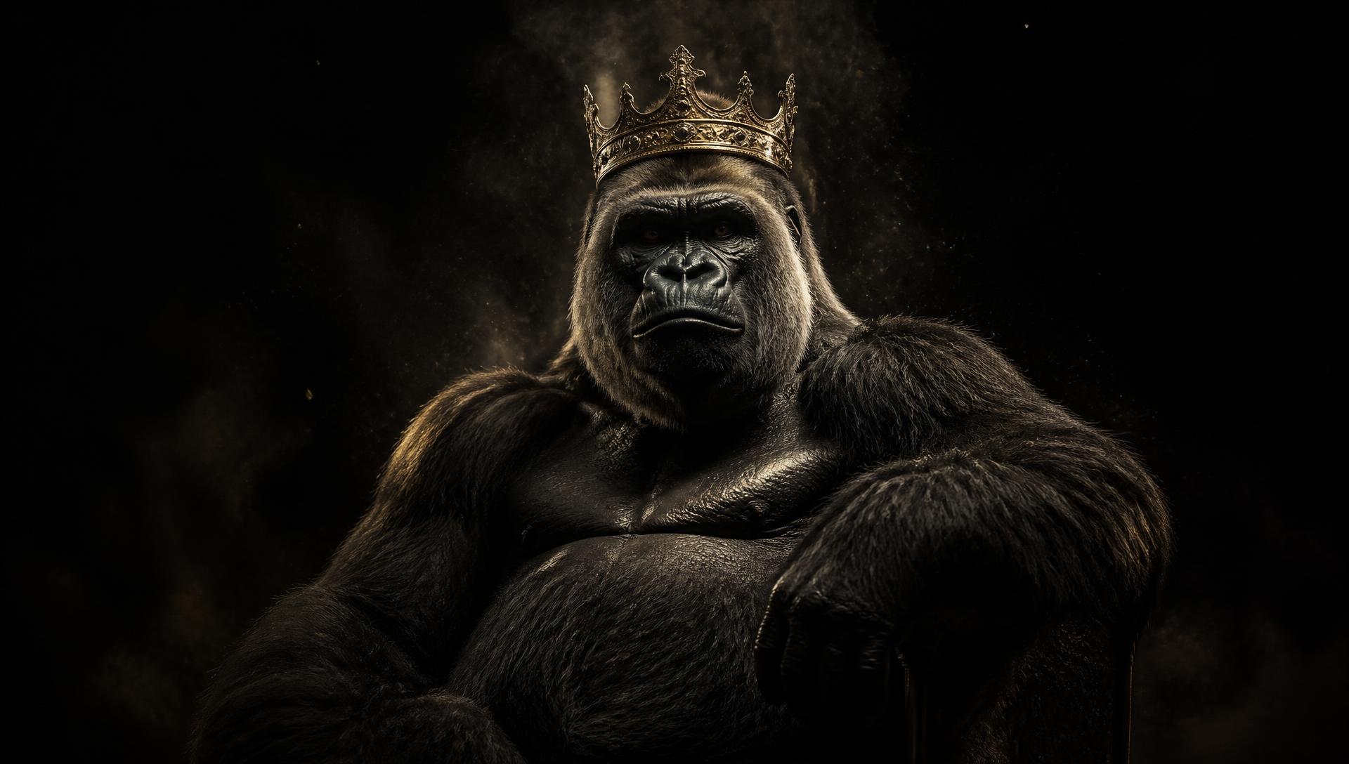 Crowned silverback gorilla in dramatic gold-lit darkness